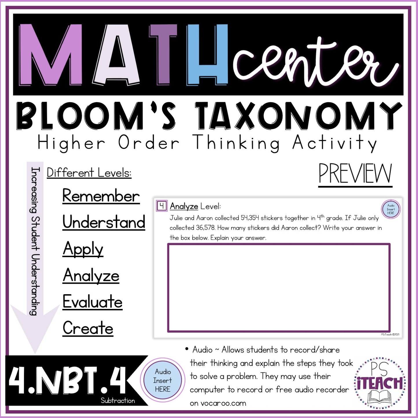 Higher Order Thinking Math Center Activity 4.NBT.4 Subtraction