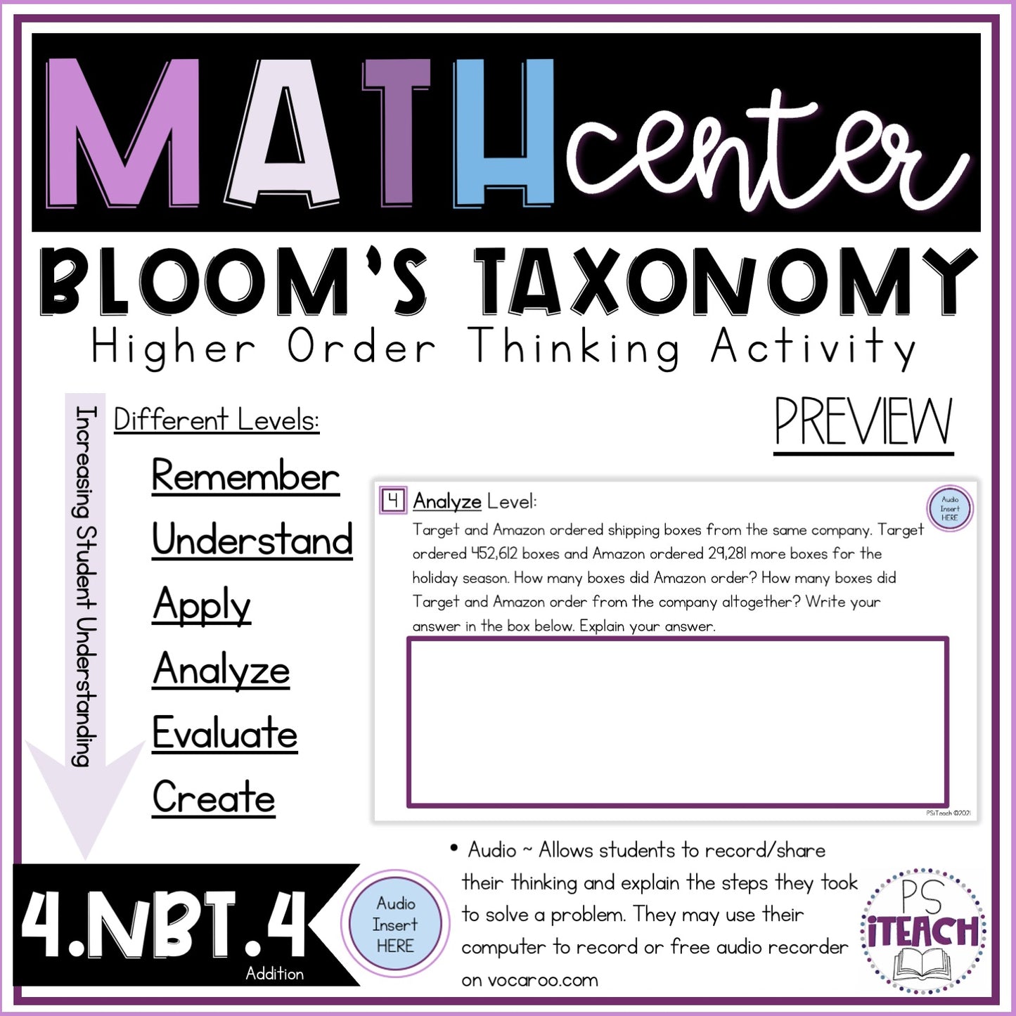 Higher Order Thinking Math Center Activity 4.NBT.4 Addition
