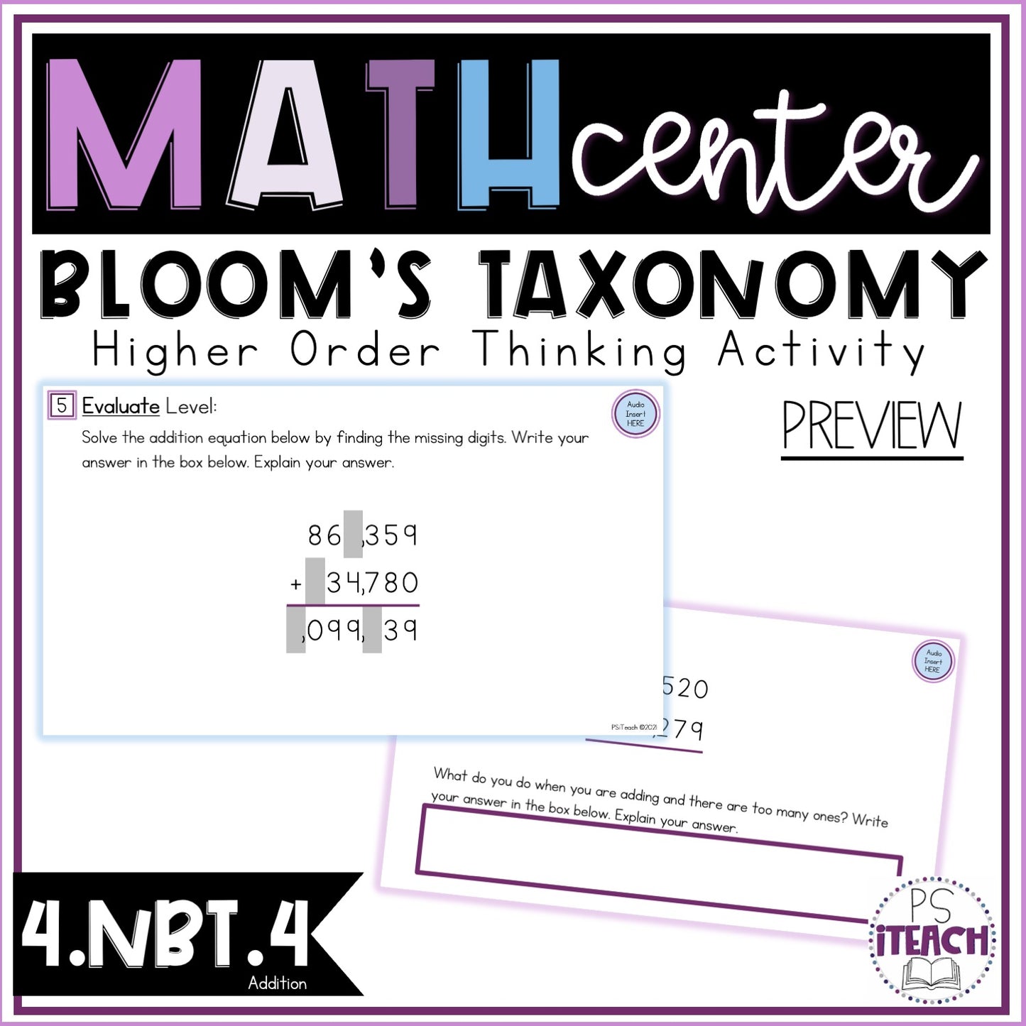 Higher Order Thinking Math Center Activity 4.NBT.4 Addition